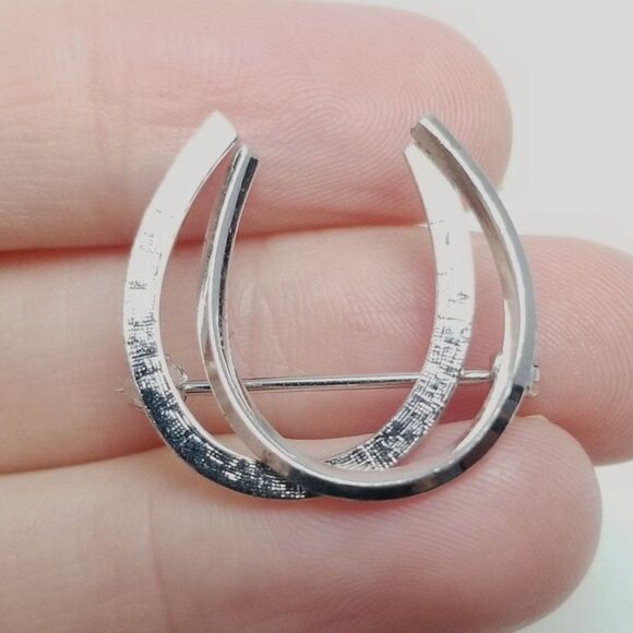 Vintage Sterling Silver Double Horseshoe Brooch, Good Luck Unisex Lapel Pin - Picture 1 of 5